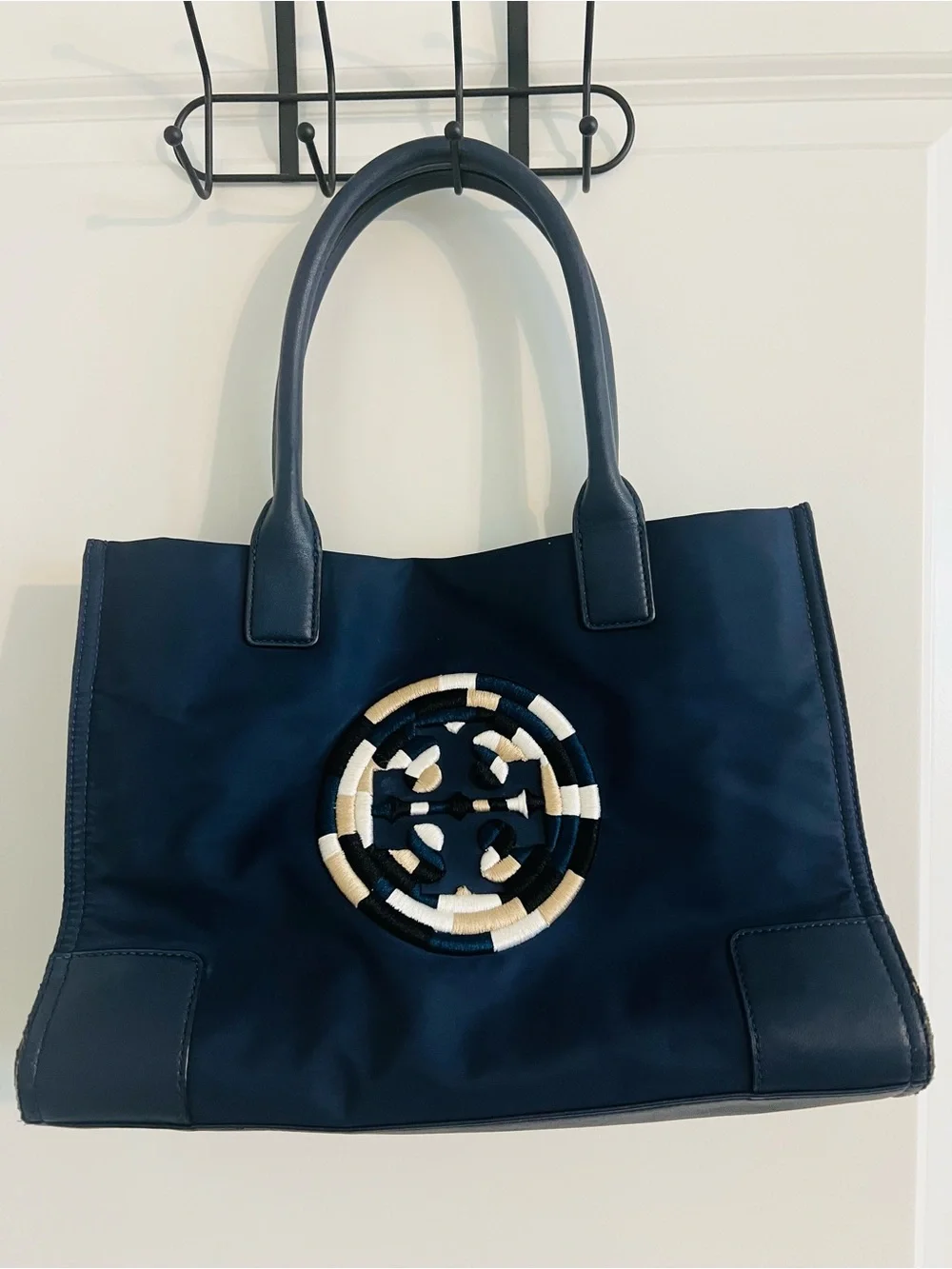 Tory Burch Ella Navy Embroidered Logo Tote Bag